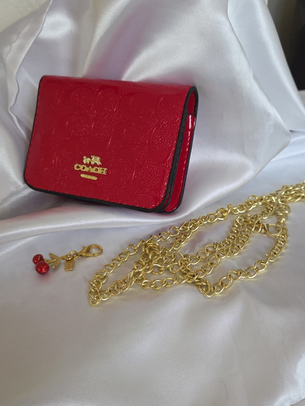 Coach Red Patent Mini Crossbody Wallet with Gold Chain Strap